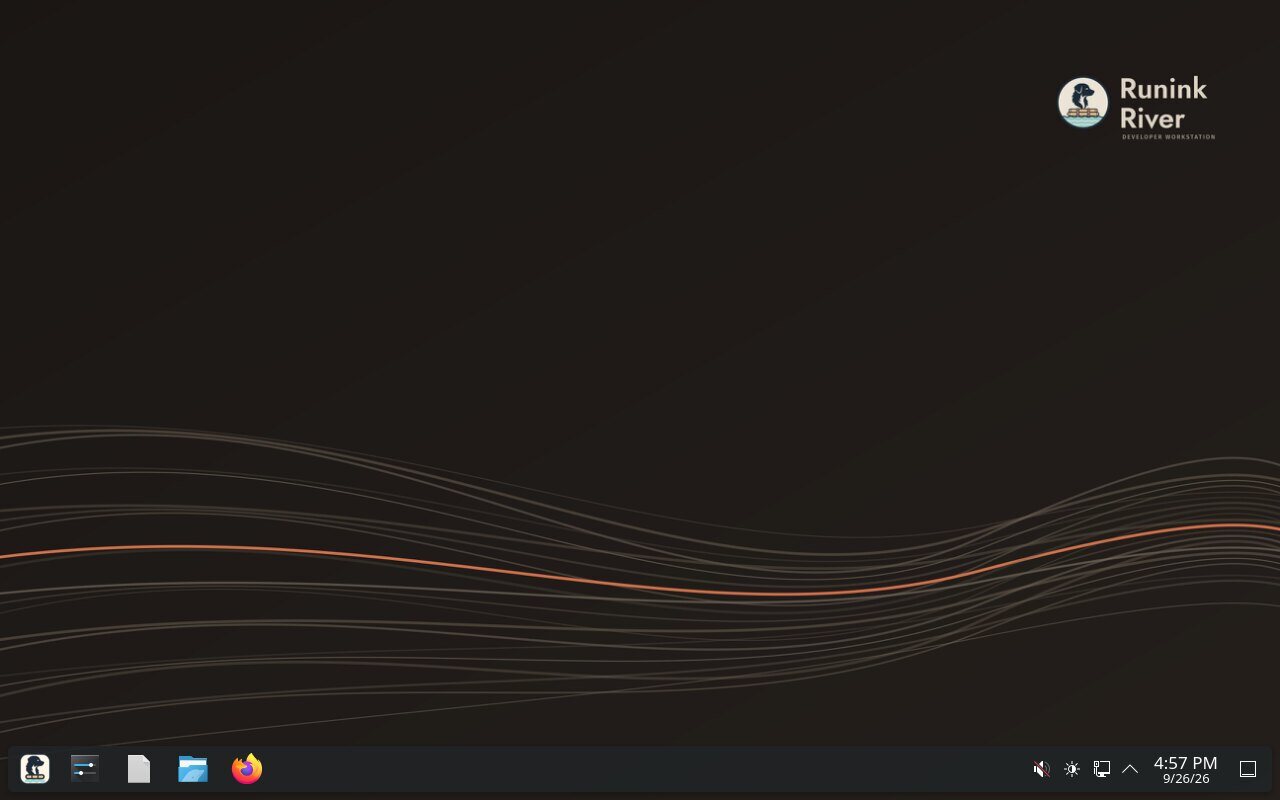 The installed Runink River desktop: KDE Plasma on the river-lines wallpaper, with the Runink River mark in the corner.