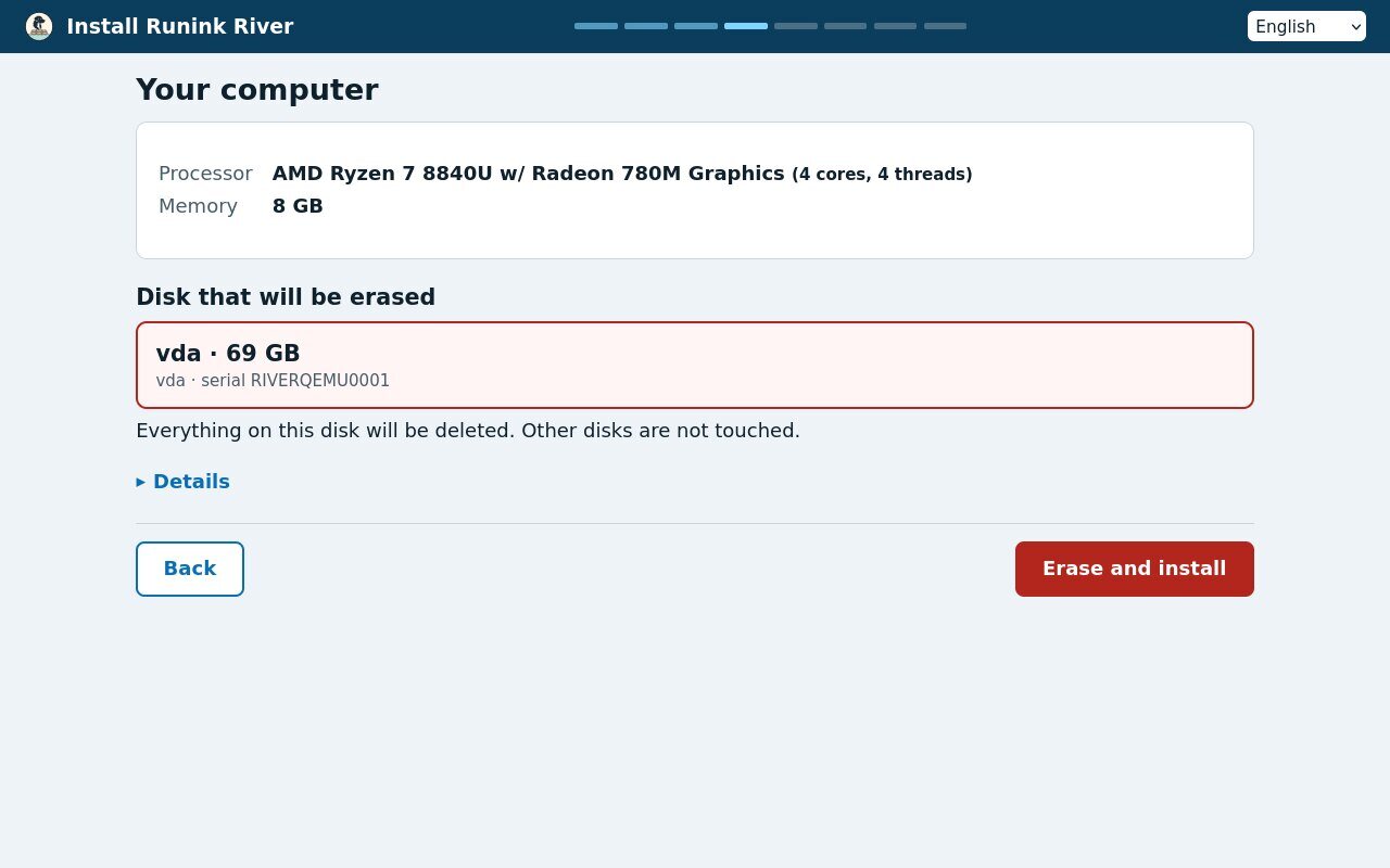 The installer's machine screen: processor and memory, and the one disk it will erase, shown with its serial number.